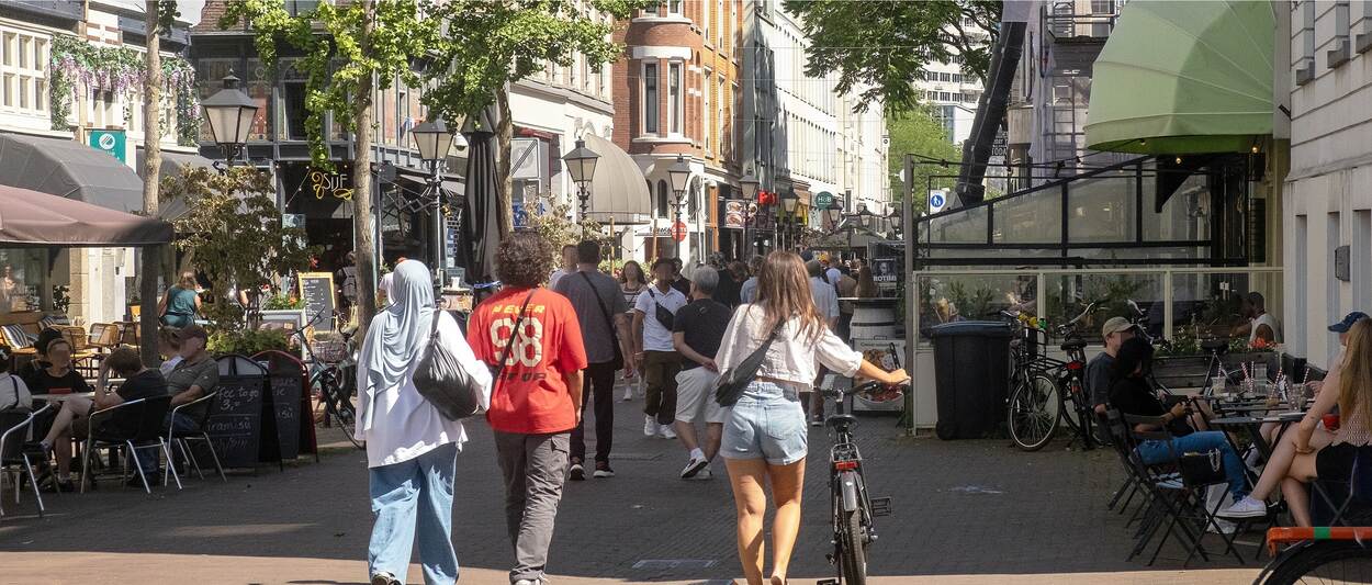 Winkelstraat in Rotterdam met diverse mensen die er lopen, met een fiets of zittend op een bankje